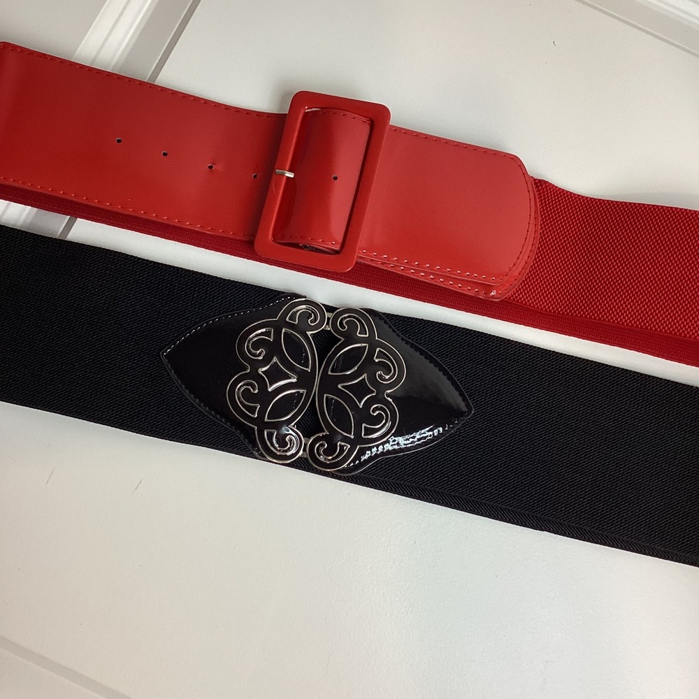 Set of 2 Wide Elastic Cinch Belts Red Patent Buckle Black Filigree Buckle 3X